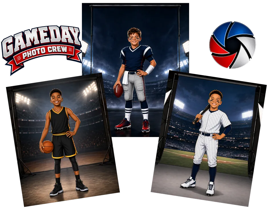 Youth football, basketball, and baseball player portraits with dramatic gameday lighting in Las Vegas.